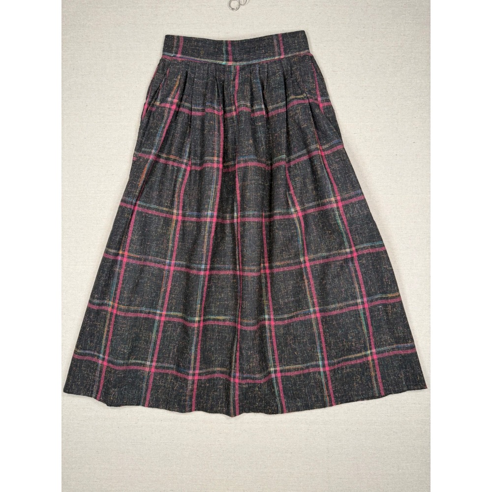 Vintage Clyde Plaid Midi Skirt Pink Teal Charcoal Pleated Pockets Made in USA 7